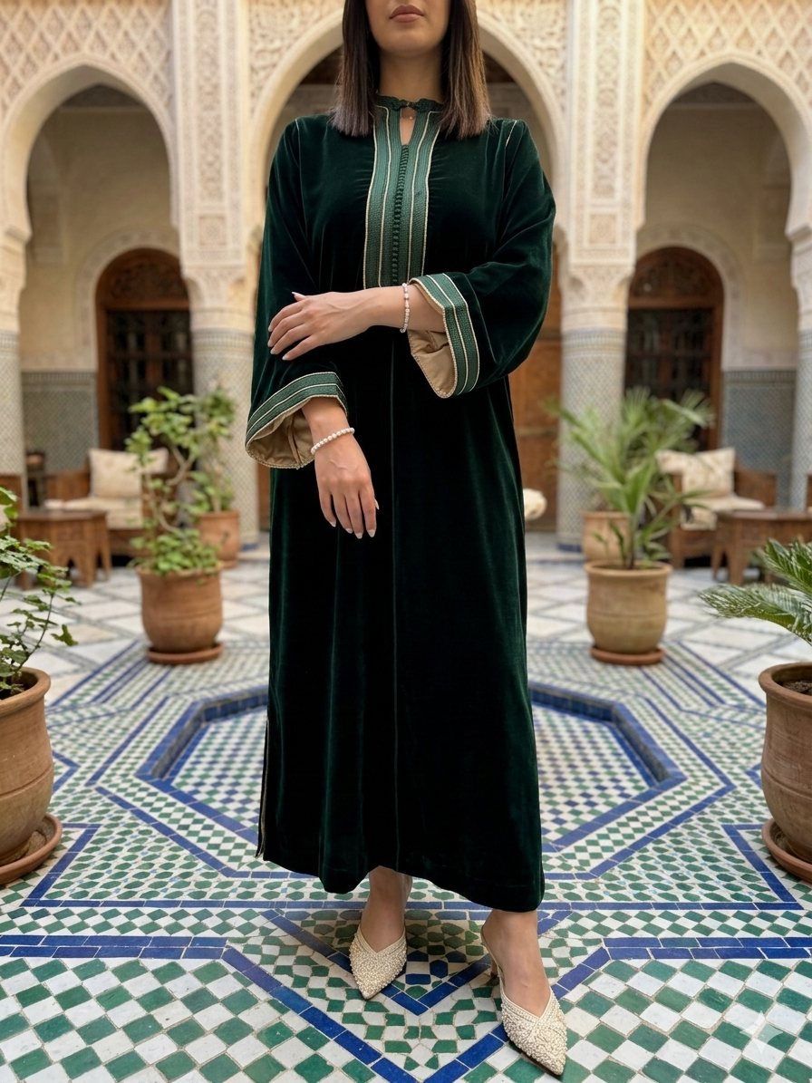 Gandoura en velours vert royal doublure beige