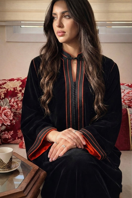 Gandoura en velours noire doublure orange