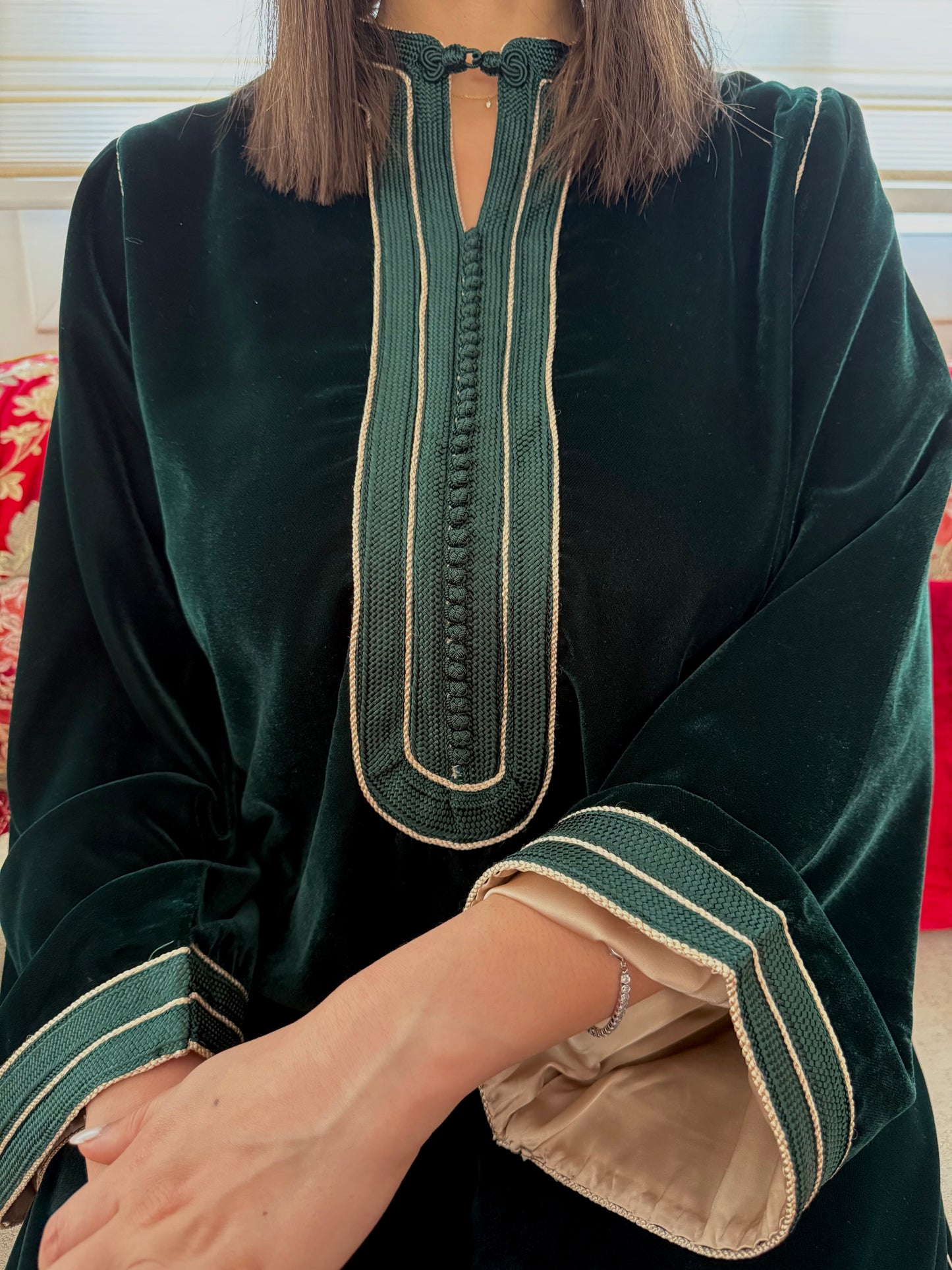Gandoura en velours vert royal doublure beige